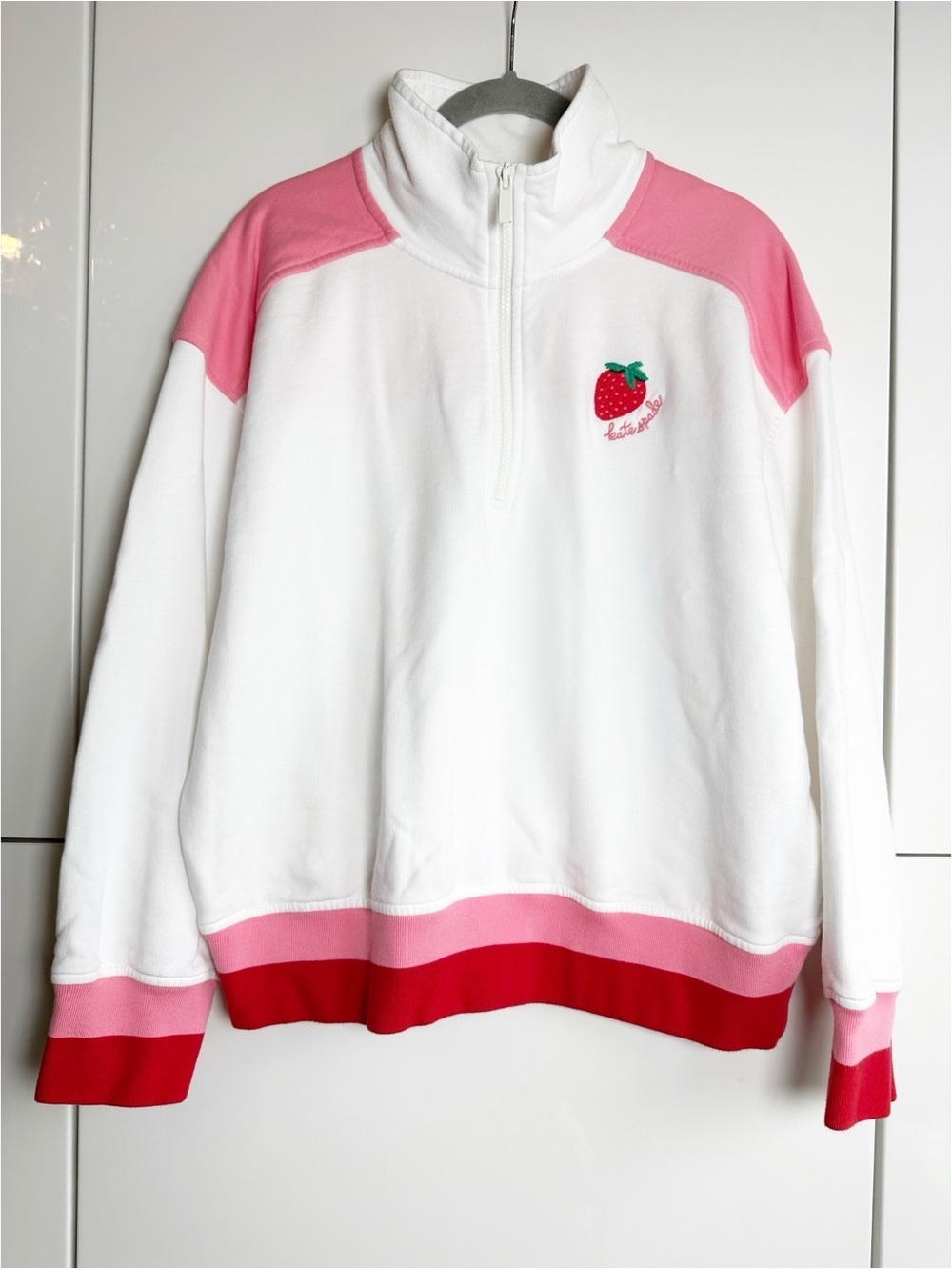 🍓Kate Spade Quarter Zip Strawberry Sweatshirt🍓Sz Large White Pink Red Valentine